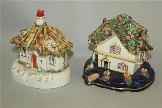 Six Staffordshire porcelain thatched roof models of houses and cottages, mid 19th century, height 10.5 - 15.5cm